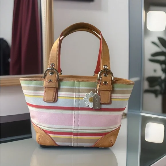 COACH Hampton Daisy Stripe Vachetta Leather & Canvas Mini Tote EUC - Picture 2 of 12